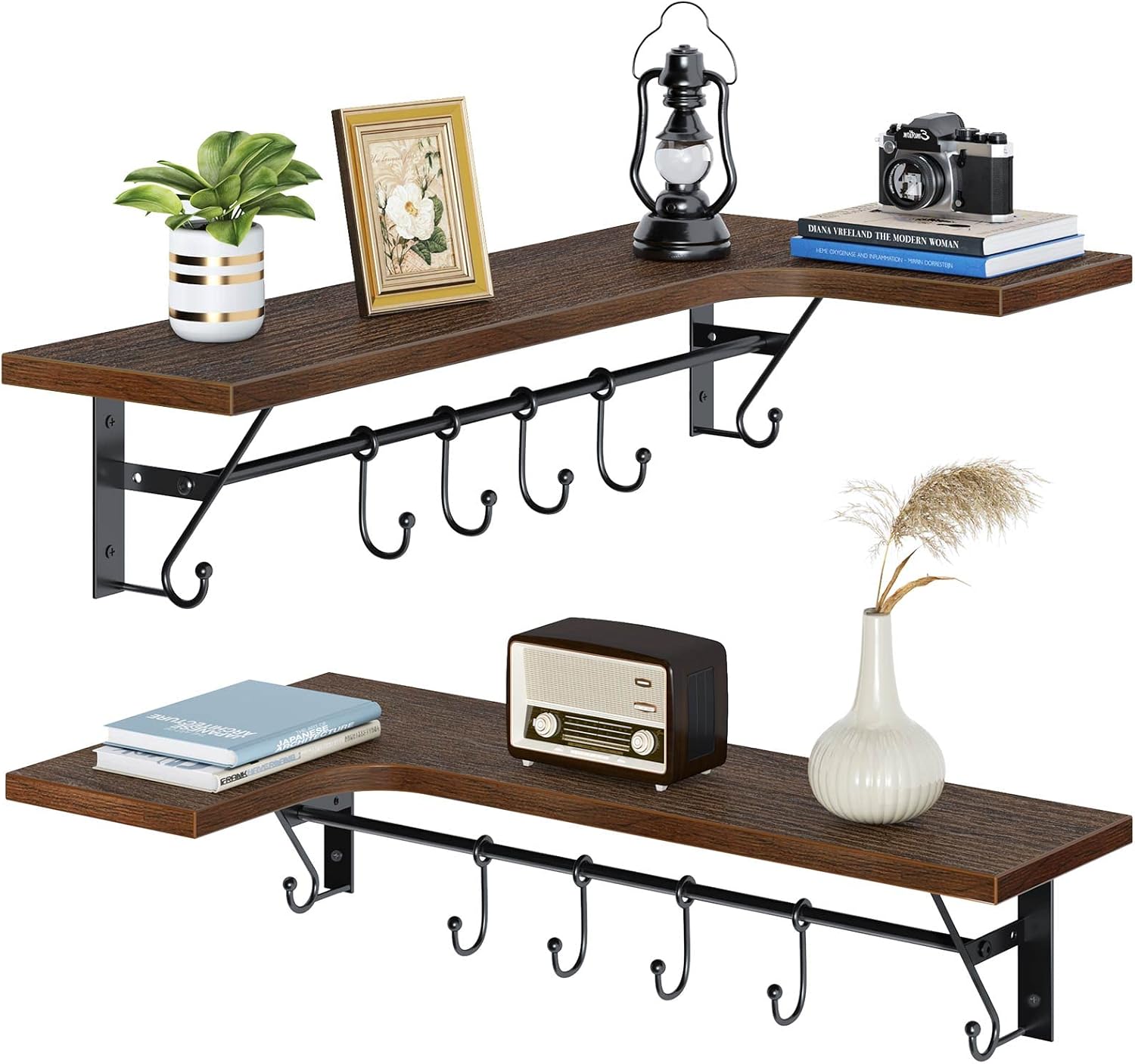 GREENSTELL Floating Shelves Wall Mounted,23.62 Inch Wood Corner Wall Shelves Set of 2 with Adjustable Towel Holders & 8 Hooks,Dark Brown Rustic Storage Floating Shelf for Bathroom,Living Room,Kitchen