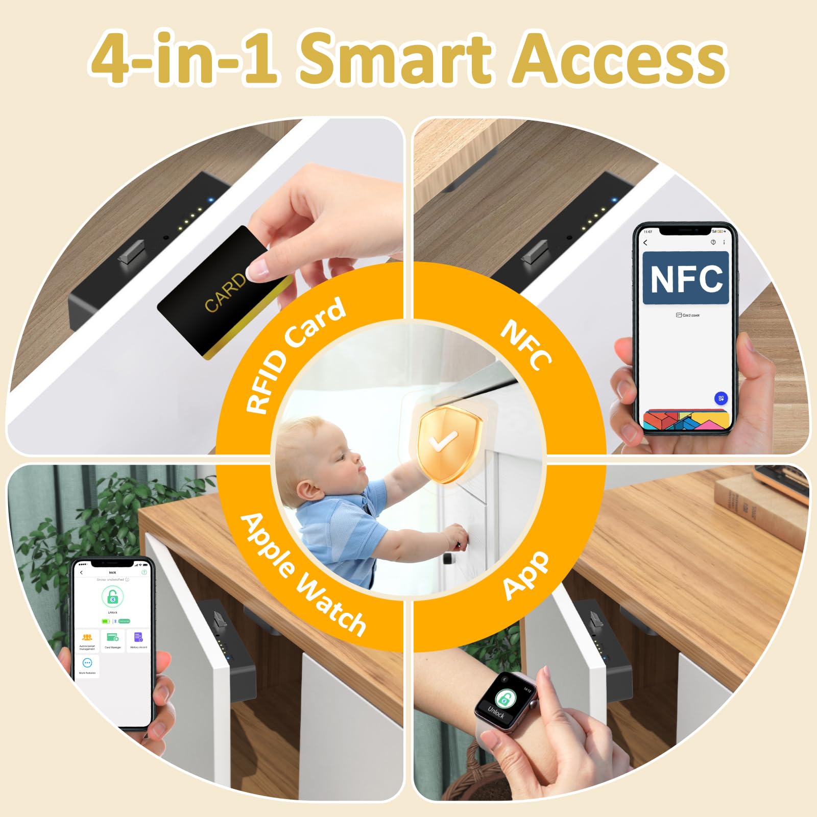 Bestkid Cerradura de gabinete NFC con tarjeta RFID, cerradura de cajón oculta delgada para seguridad infantil, archivador de licor, cocina, despensa, muebles, cajón de doble capa, no requiere taladrar
