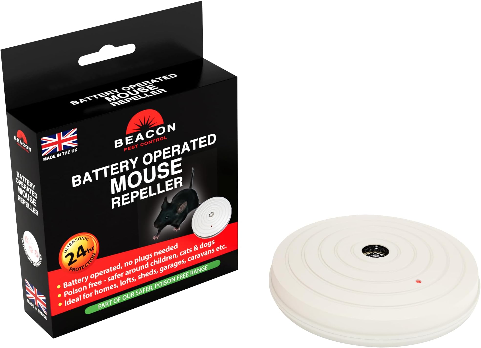 BEACON Battery Operated Mouse Repeller - Ultrasound Technology - Repels Mice - Optimal for Homes and Storage Spaces - Simple to Use - 1 Unit