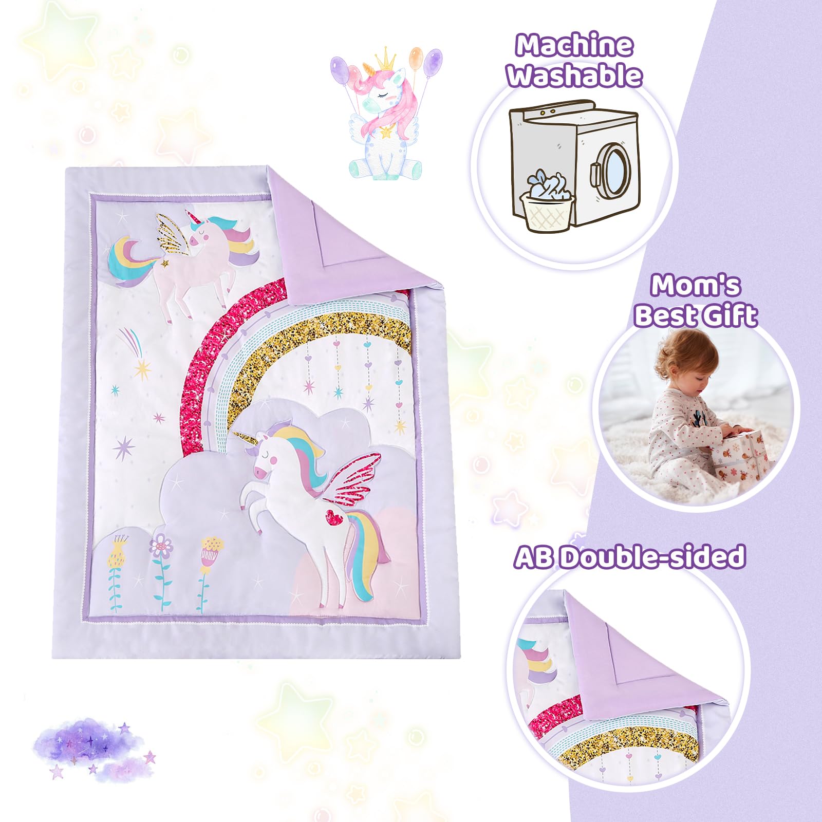 Juego de ropa de cama de cuna de unicornio de 3 piezas, edredón morado, sábana bajera ajustable para cuna, volante de polvo