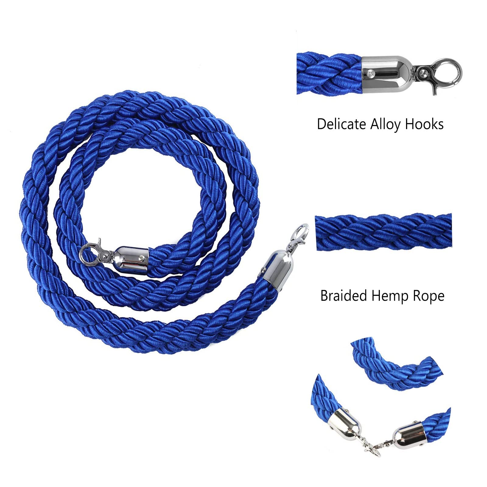 Paquete de 2 cuerdas de barrera azul, cordón de cáñamo trenzado de 28 mm para control de colas, línea de espera redonda duradera, gestión segura de multitudes (tamaño: 230 cm)