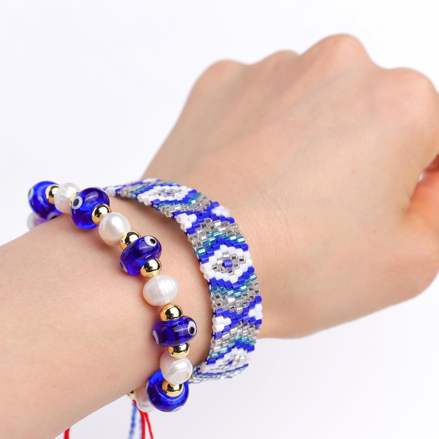 Gold Pearl Evil Eye Beaded Adjustable Bracelets for Women, Handmade Boho Freshwater Pearls Beads Red Rope Braided Bracelet Fashion Friendship Beach Jewelry Gift - Image 3