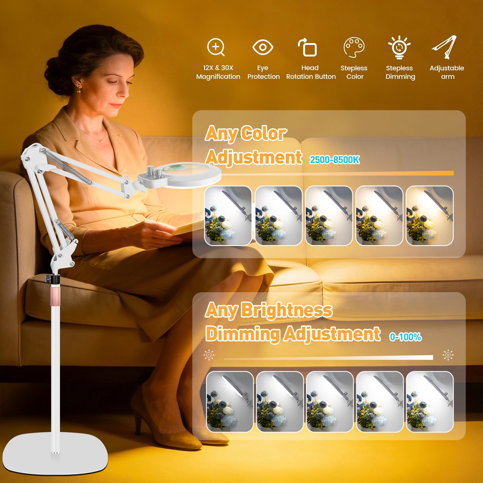 Lupa de suelo grande de 30 x 12 aumentos con luz y soporte, lámpara de aumento de suelo de altura ajustable, color infinito regulable, lámpara de lupa iluminada 4 en 1 para trabajos cercanos, lectura