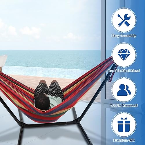 Miniatura 3 de Hamaca con soporte para exterior, soporte de metal estable que ahorra espacio para 2 personas, capacidad de peso de 600 libras, hamaca con bolsa de