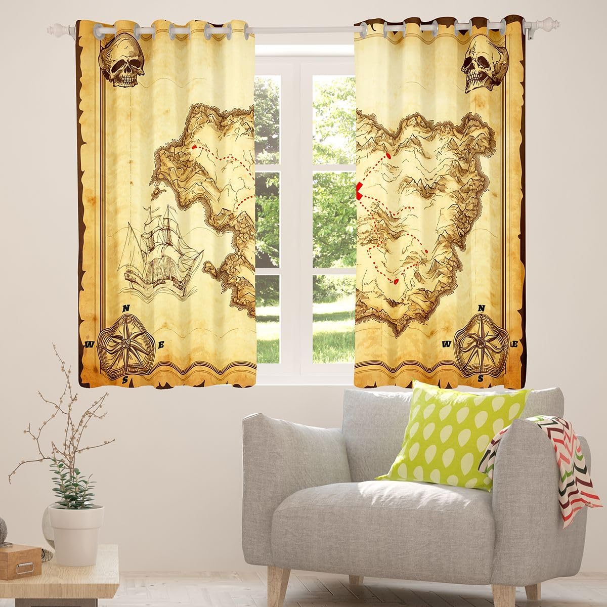 Feelyou Nautical Island Map Curtains Kids Vintage Old Map Pirate Ship Window Curtains for Bedroom Living Room Ocean Ancient Pirate Skull Window Treatments Decor,42 X 84 Inches,2 Panels