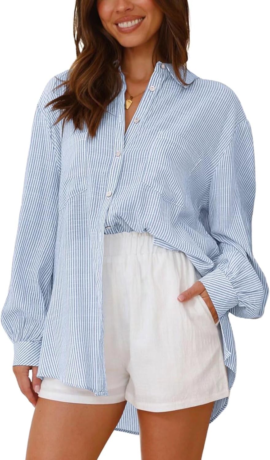 BWQ Women’s Striped Button Down Shirts with Pocket Casual Collar Long Sleeve Stylish Boyfriends Blouse Tops