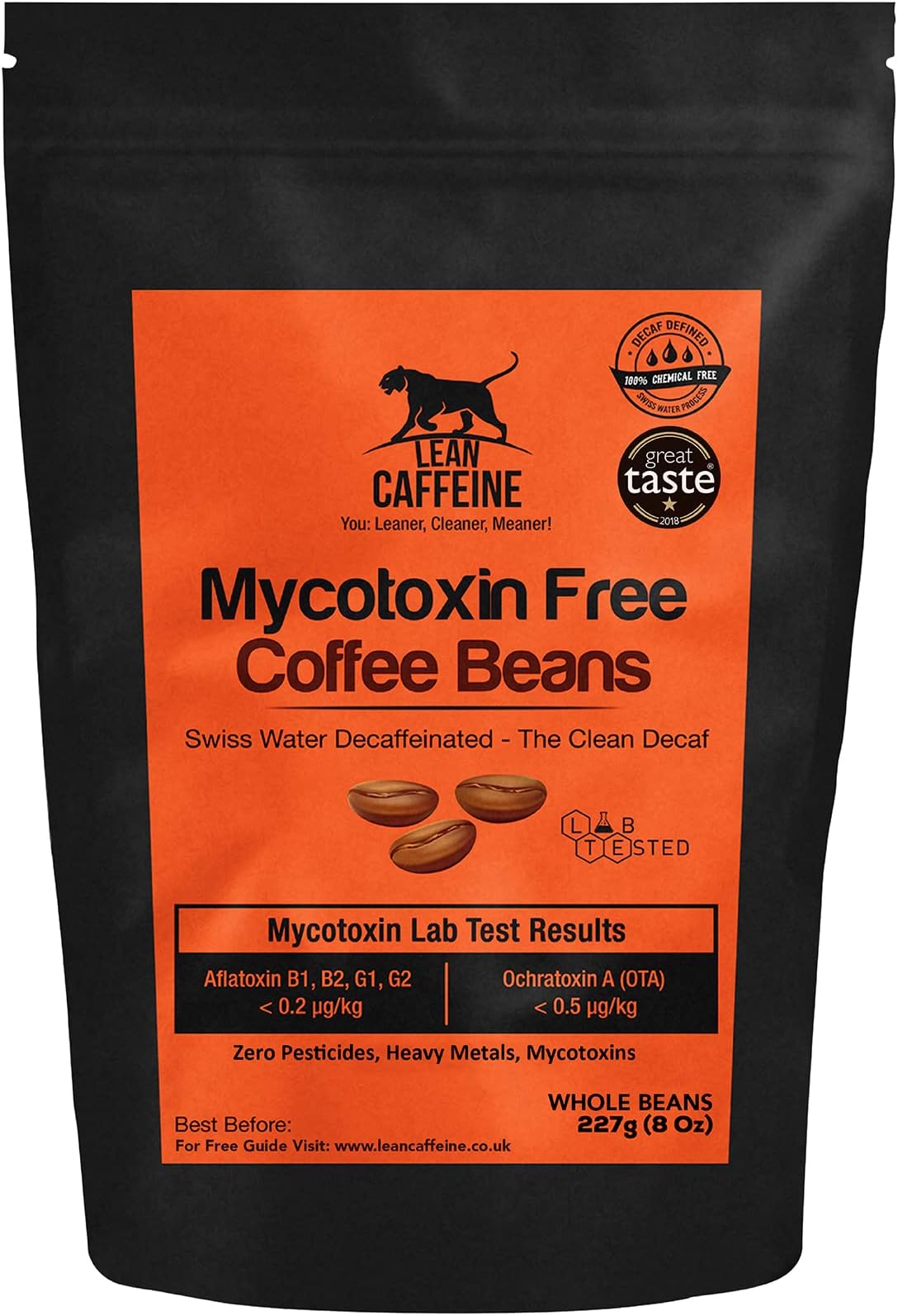 Lean Caffeine Bulletproof Coffee Decaf Coffee Beans 227g | Super Clean Mycotoxin, Pesticide & Heavy Metal Free Bulletproof Coffee | Swiss Water Decaffeinated Coffee Beans