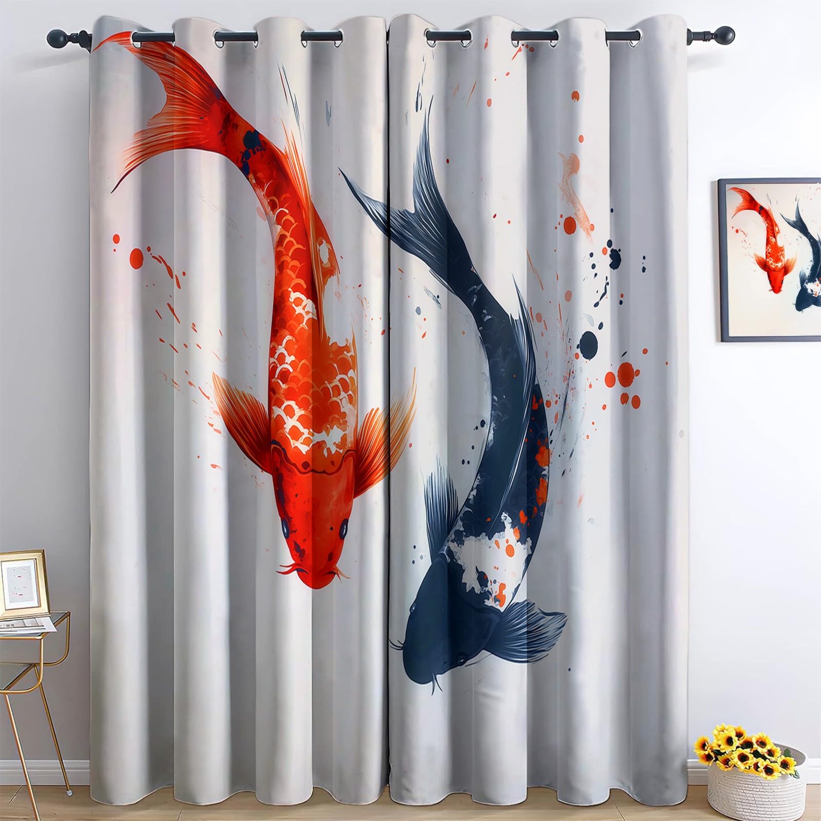 Rideaux occultants pour chambre et salon ambiance zen beige style poisson oriental