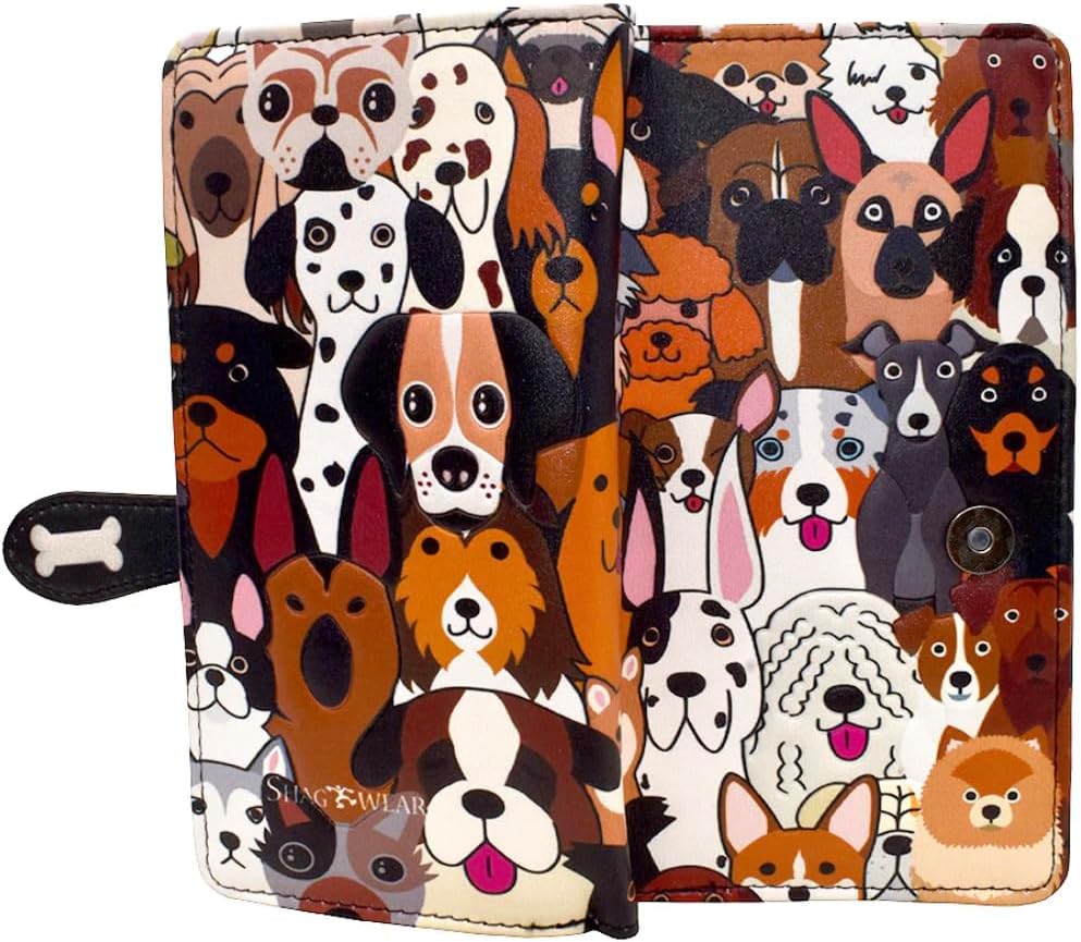 Shag Wear Doggie Crowd Large Wallet Vegan Faux Leather Dog Breed Design Clutch with Card Slots Bill Compartments ID Window Zippered Coin Pocket 7"