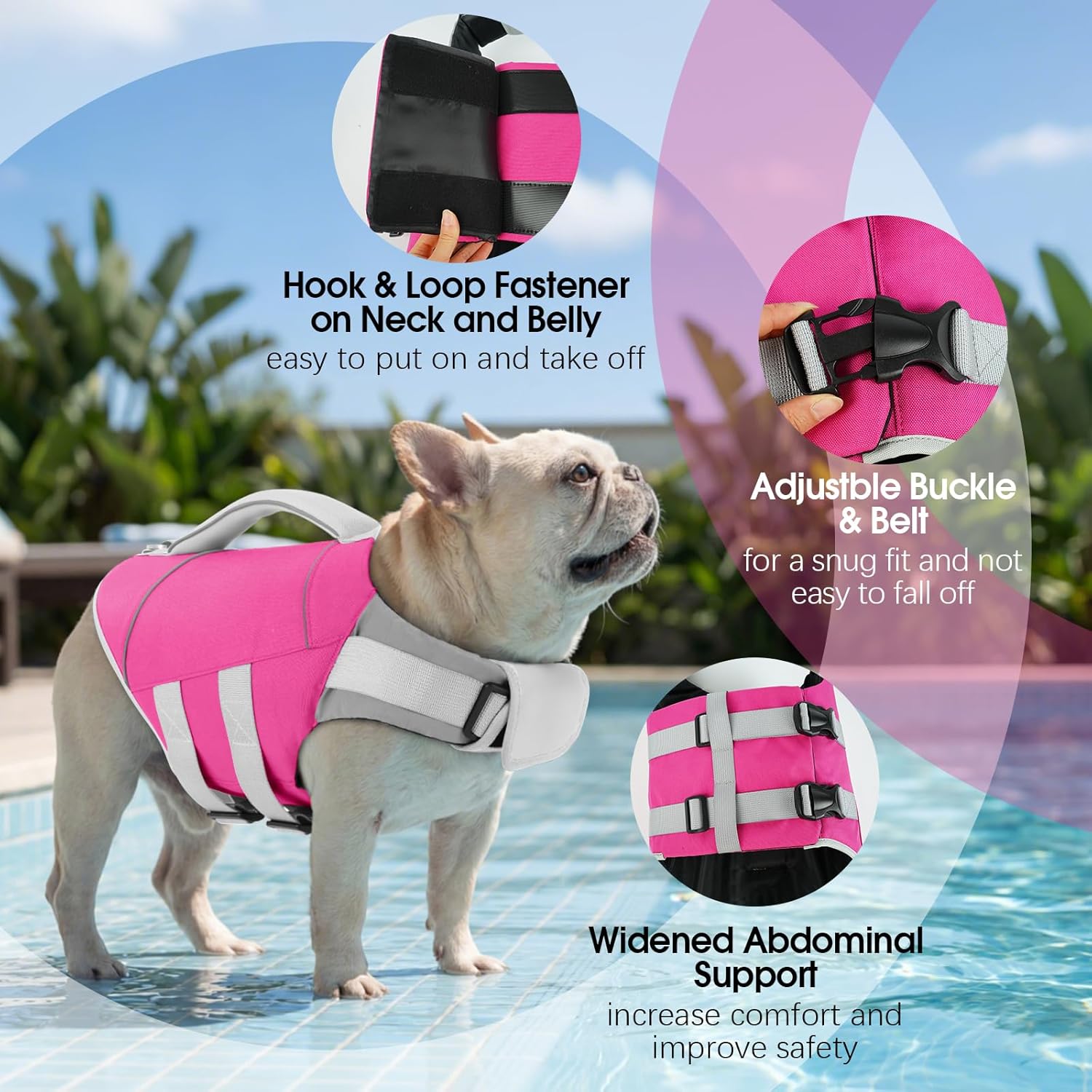 IDOMIK Dog Life Jacket High Flotation, Ripstop Reflective Dog Life Vest for Swimming Boating, Safety Lifesaver with Rescue Handle&Buoyancy, Adjustable Swim Vest for Small Medium Large Dogs,Rose,L