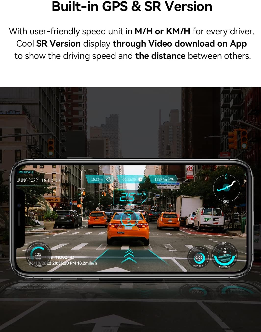 Smartphone screen showing the DDPAI app interface with GPS and SR virtual vision data overlaid on a driving video.