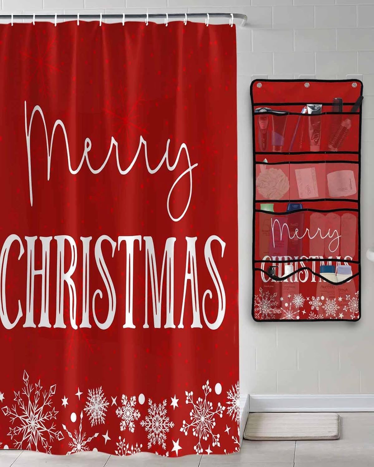 Shower Curtain Mesh Shower Organizer Hanging Set Merry Christmas Winter Snowflake Red Waterproof Shower Curtains with 10 Pockets