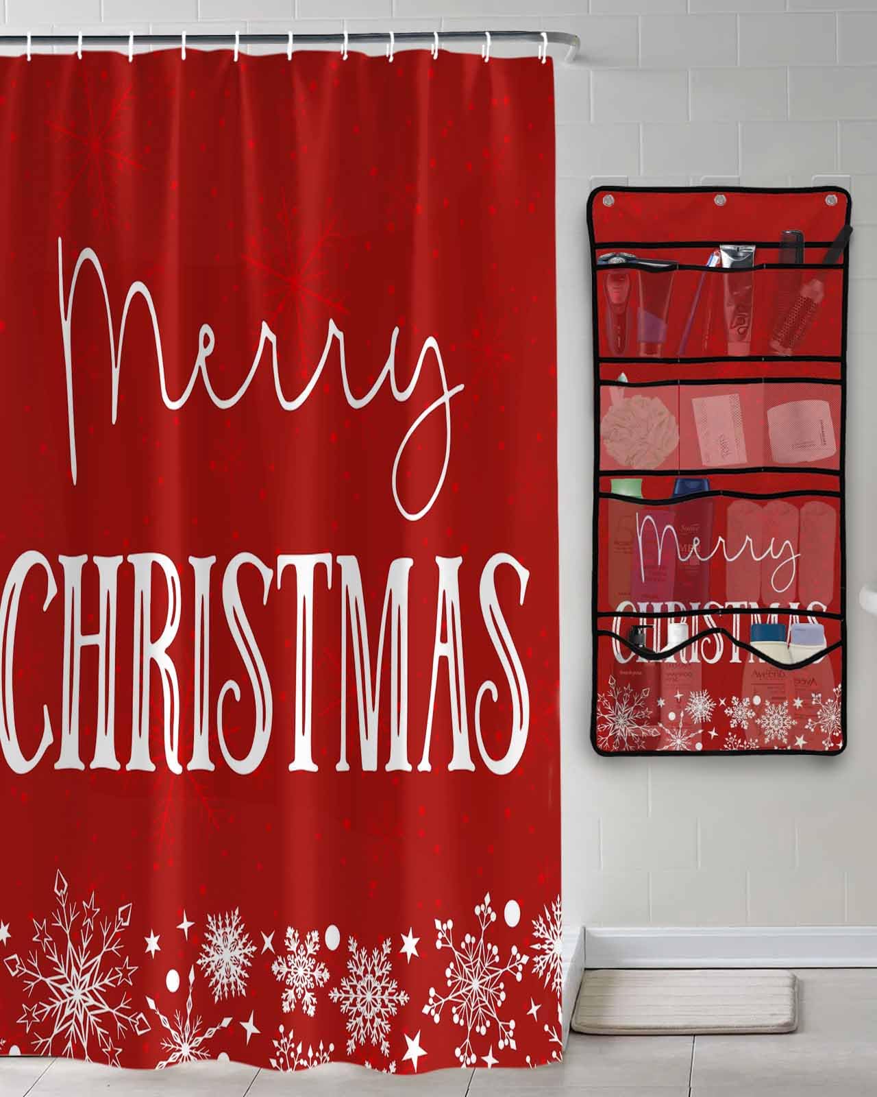 Shower Curtain Mesh Shower Organizer Hanging Set Merry Christmas Winter Snowflake Red Waterproof Shower Curtains with 10 Pockets