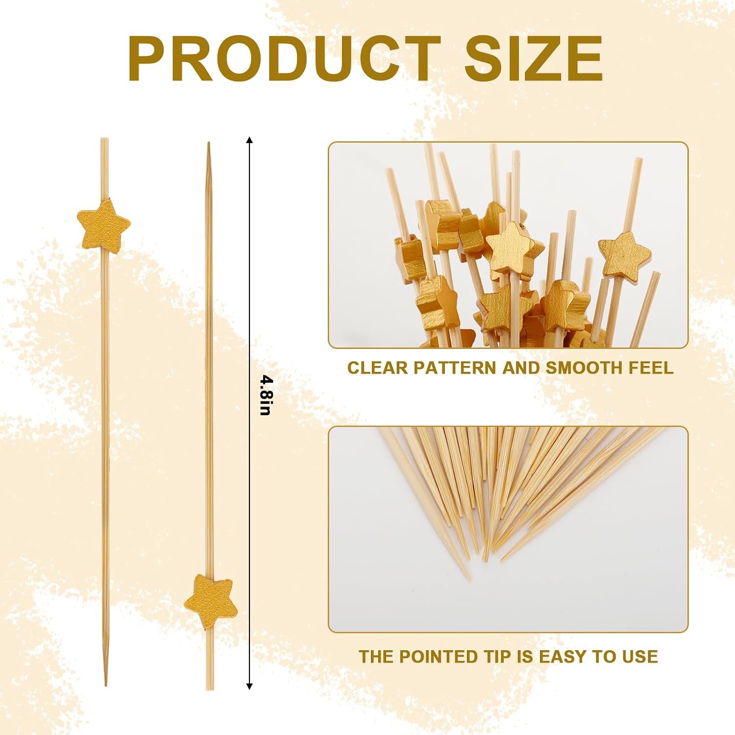 100PCS Gold Star Cocktail Picks, 12cm/4.7 Inch Bamboo Skewers for Appetizers, Drinks, Charcuterie, Party Decorations - Elegant Star-shaped Toothpicks