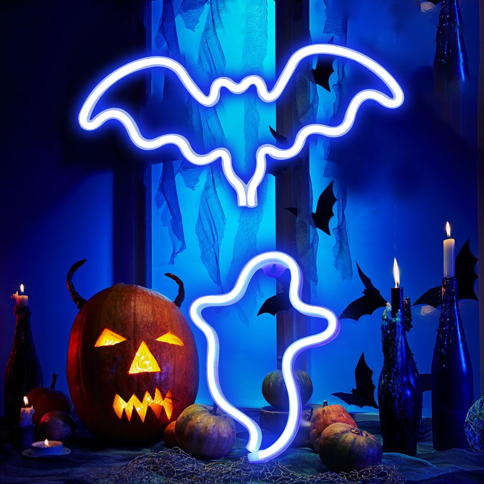 2 Packs Halloween Decoration LED Neon Sign Light Ghost Neon Sign Bat Lights Signs Blue Night Light for Halloween Party Decor Indoor Home Window Decorations — image 1