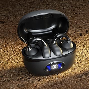 IHAO Clip Ear Sport Earbud Headphones Bluetooth 5.3 Open Earpiece, Clip On Ear Never Fall Out 80 Hours Playtime with Charging Case, HiFi Sound Noise Reduction Painless Firm Wear IPX4 Waterproof-Black