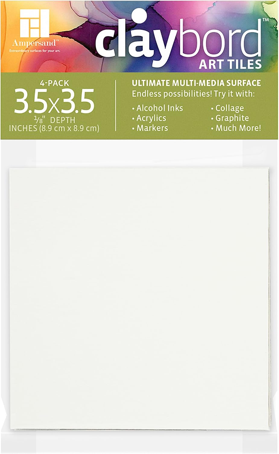 Ampersand Art Supply Claybord | 3.5" x 3.5" - Pack of 4 | White | Kaolin Clay Painting Panel for Acrylic, Ink, Watercolor & Mixed Media | Canvas & Paper Alternative