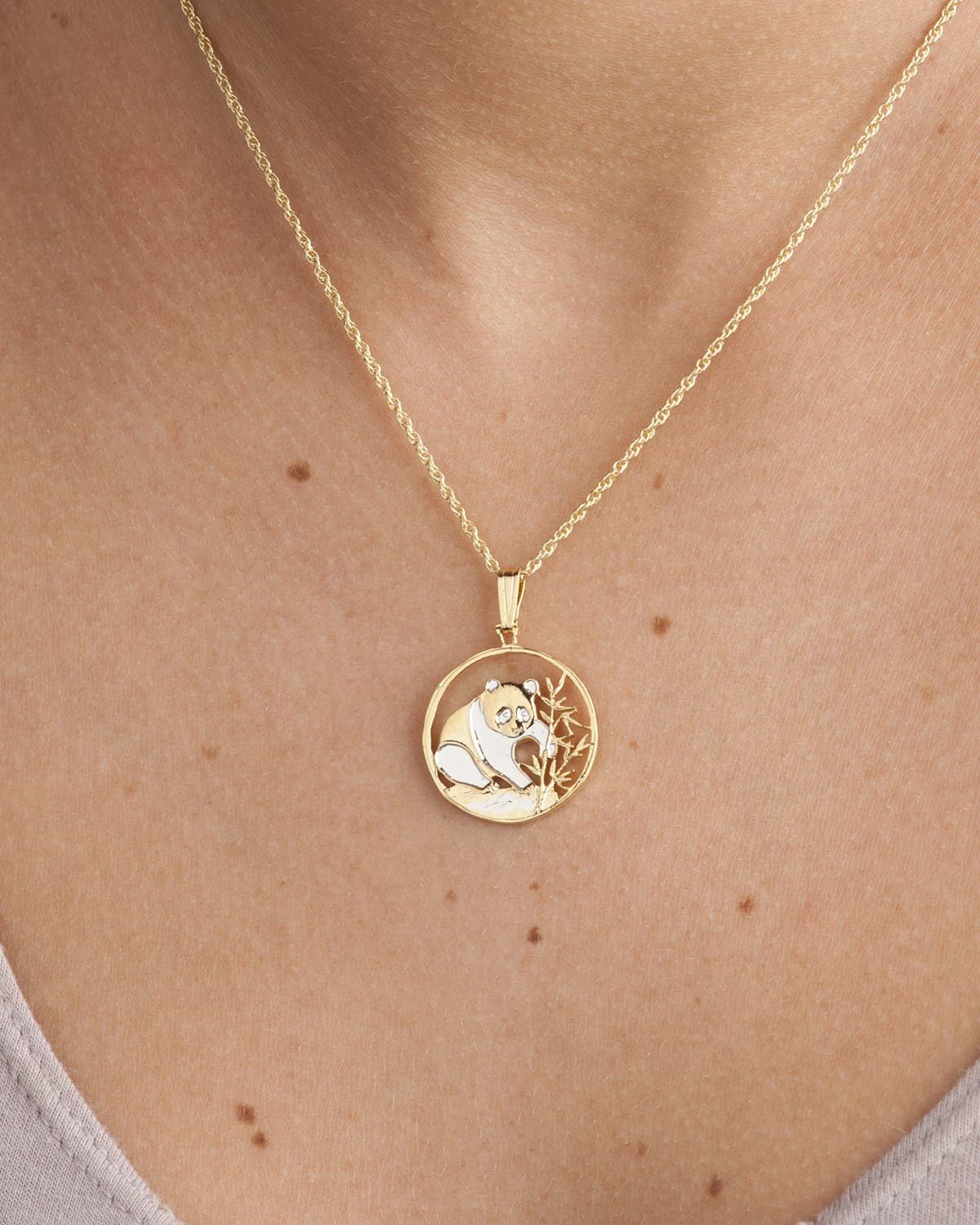 Chinese Panda Bear Pendant and Necklace, Chinese Coin Hand Cut,14 Karat Gold and Rhodium Plated, 3/4