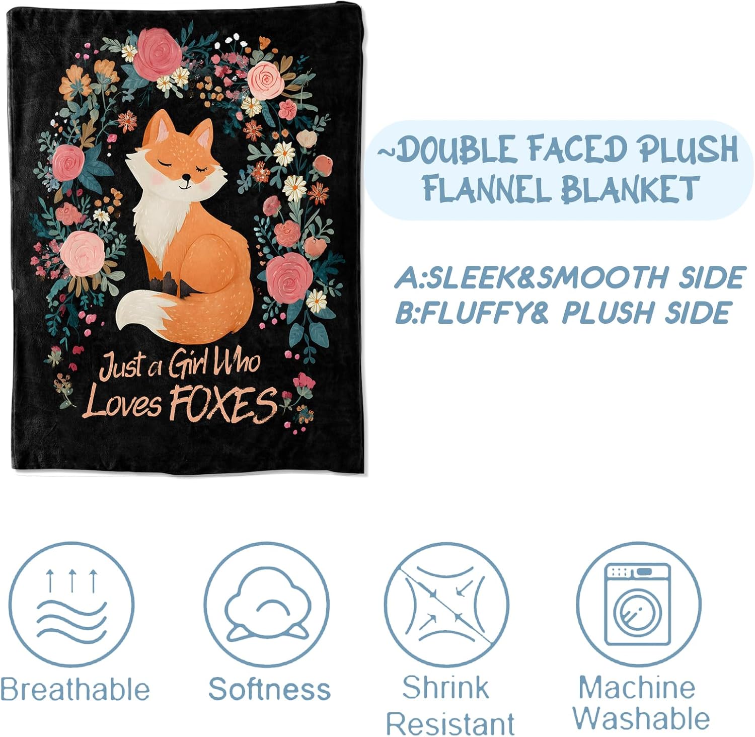 Cute Fox Floral Blanket,Gifts for Girls Women Animal Lovers Nature Fans,Lightweight Flannel Throw Blankets,Wildlife and Flower Throws Home Decor,for Couch Office,or Reading Nook Use,60x50inch
