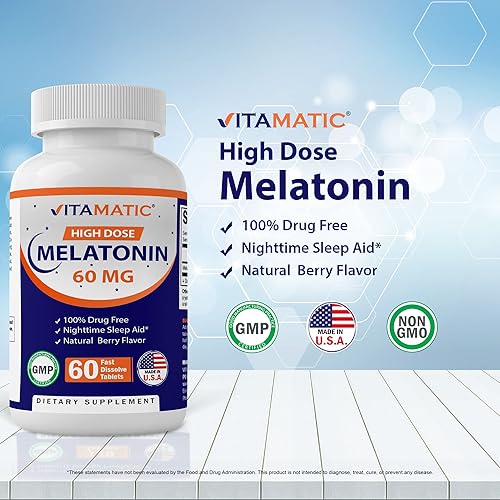Miniatura 4 de Vitamatic Melatonina 60mg con B6, magnesio, L-teanina, L-triptófano, 5-HTP, GABA, valeriana, manzanilla, flor de la pasión, Ashwagandha y pimienta