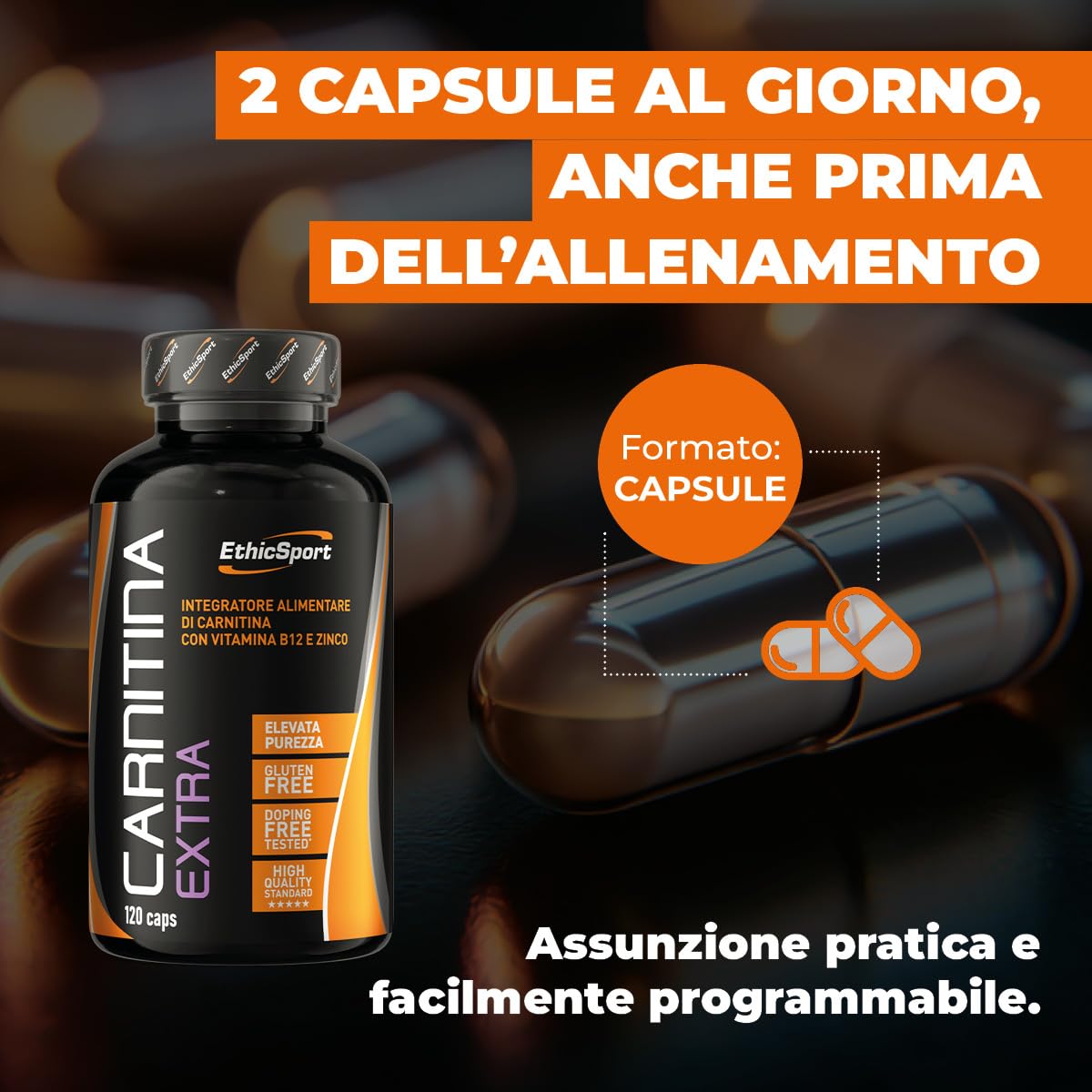 EthicSport Carnitina Extra – Integratore di L-Carnitina con Zinco e Vitamina B12 – Supporto al metabolismo energetico e degli acidi grassi – 120 capsule