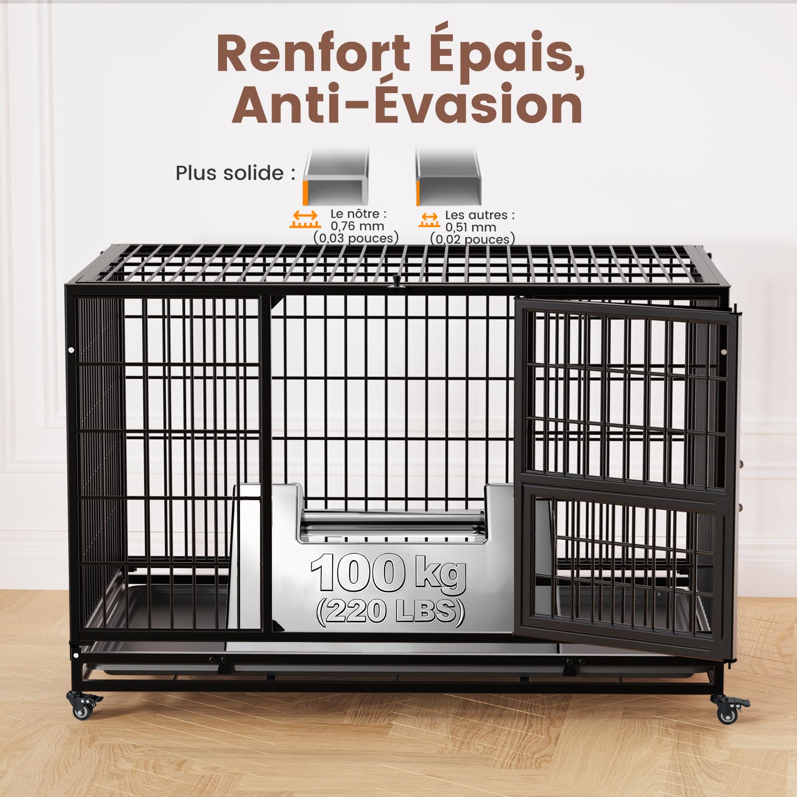 Gardner Pet Cage pour Chien Lourd Taille XL 111x75.5x75cm Anti-Évasion avec Plateau 3 Portes Amovibles Roulettes Verrouillables Noir