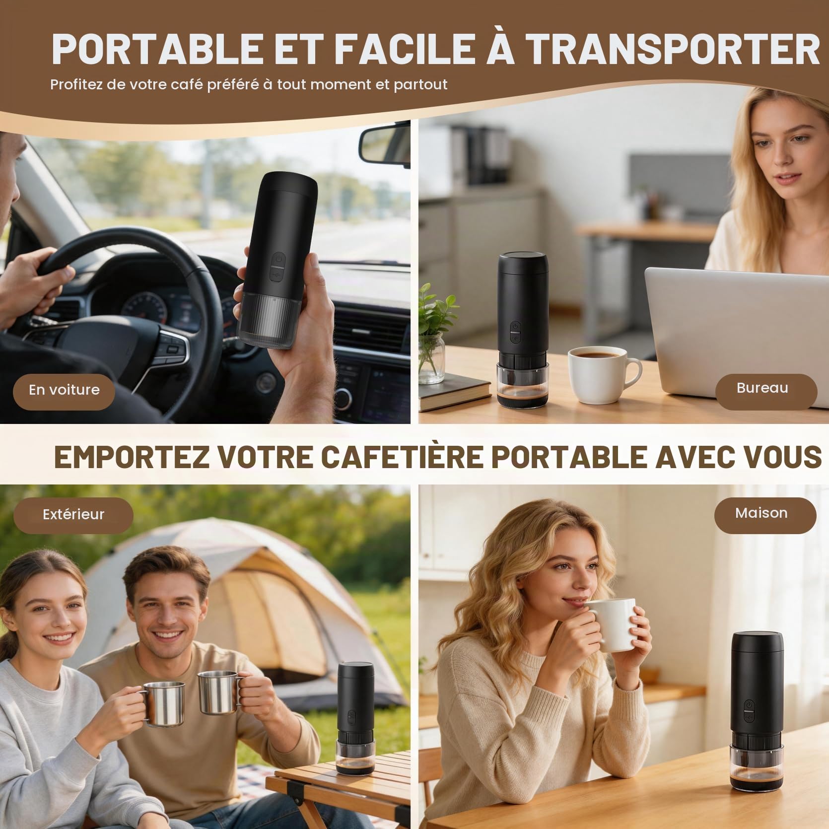 LAMA Machine à café Moulin à café Mousseur à lait, Machine à espresso électrique pour café moulu & petites capsules, moulin à café sans fil mousseur à lait pour les voyages, le camping, le bureau