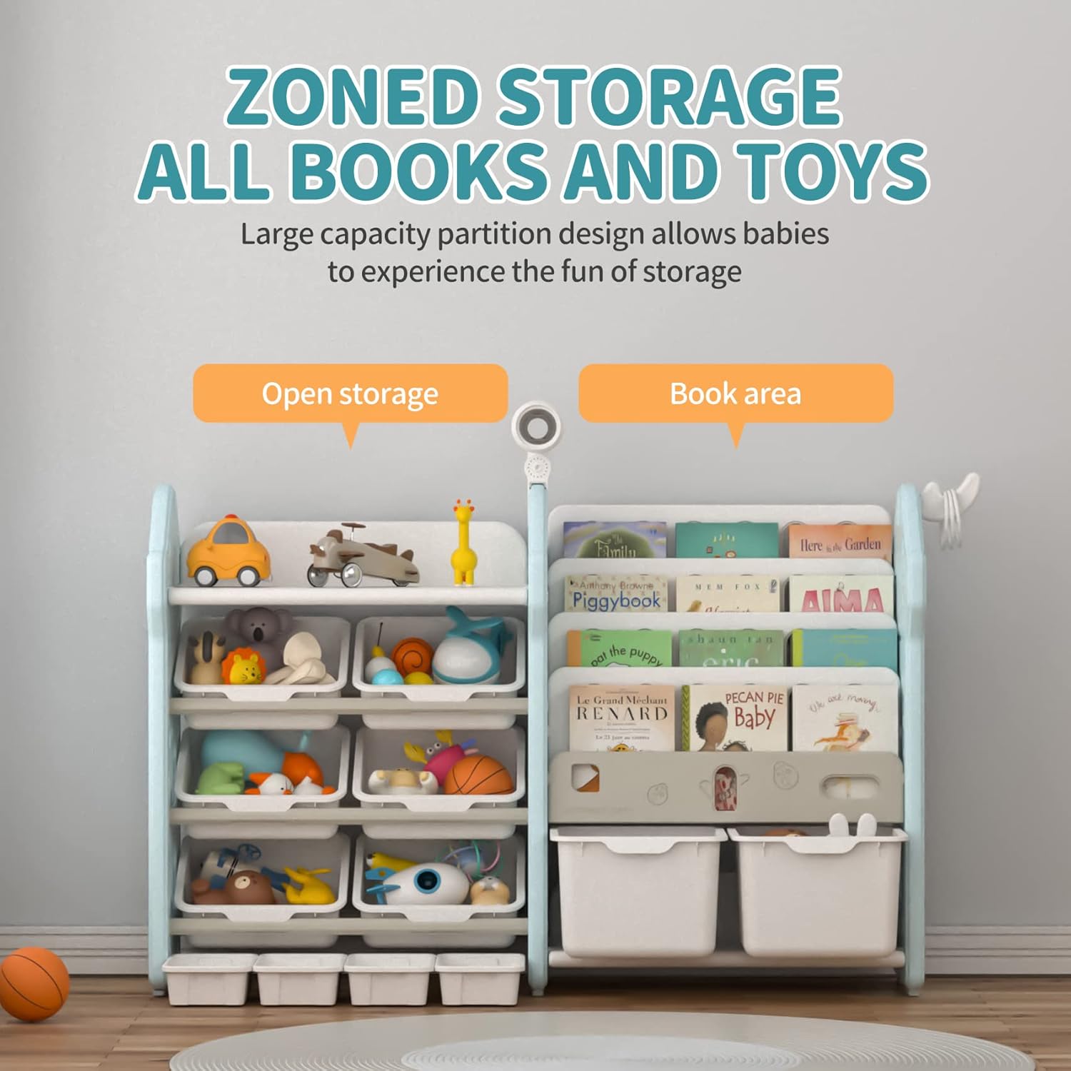 UNICOO® Kids Bookshelf and Toy Storage Cabinet, Montessori-Style Storage and Organization, Children Bookshelf with Bins, Toddler Storage Shelves for Nursery, Playroom, Study Room (YHMC0B Blue)