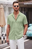 Vista 35 de COOFANDY Camisa casual con botones para hombre, manga corta, sin arrugas, camisa de verano