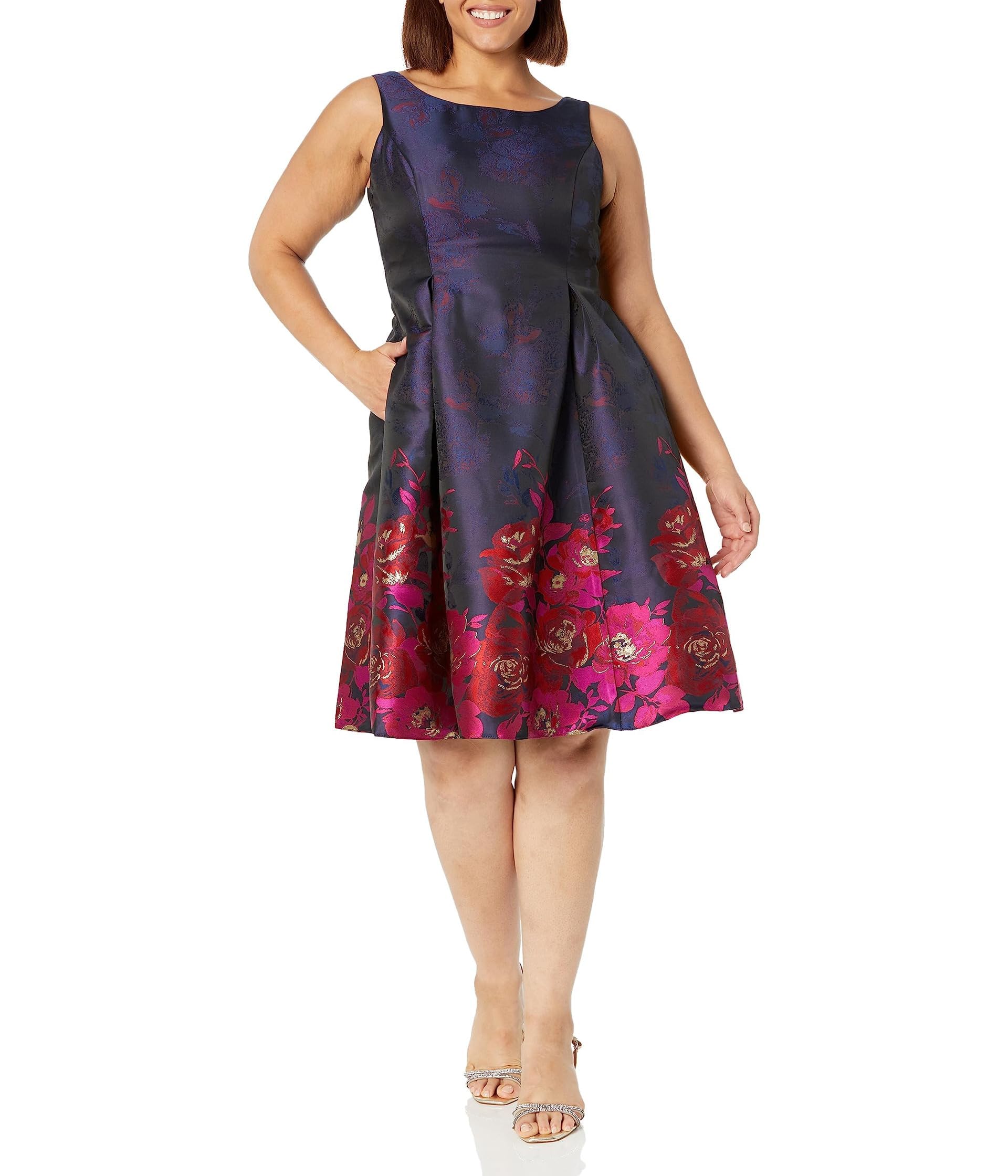 Adrianna Papell Womens Border Jacquard Dress, Navy/Pink Multi, 12 UK