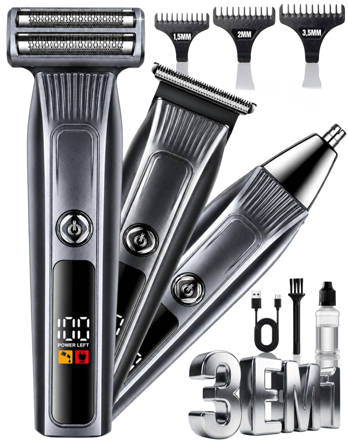 Aparador Barba Masculino Elétrico 3 Em 1 Recarregável USB Tipo C Aparador Corporal Nariz