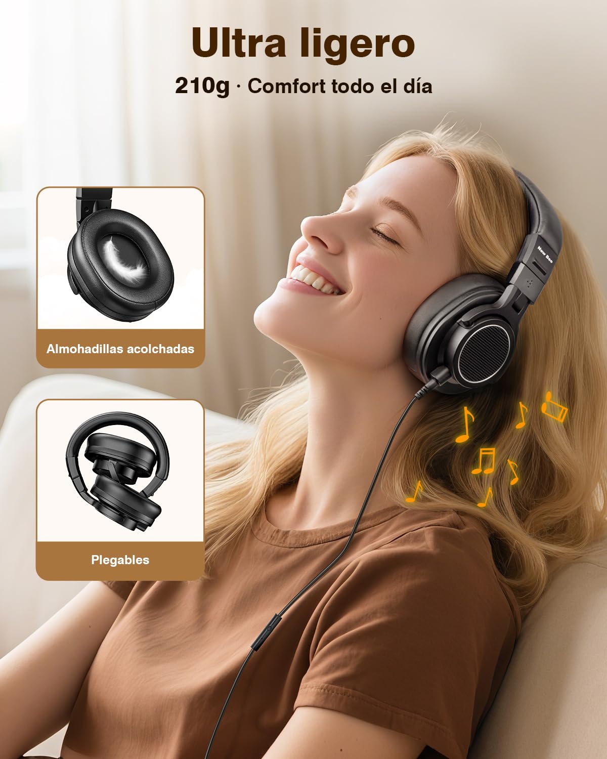 New Bee - Auriculares de estudio, auriculares over-ear con controladores de 50 mm y cable, auriculares de cable con conector de 6,35 y 3,5 mm para estudio, DJ, podcast, monitor
