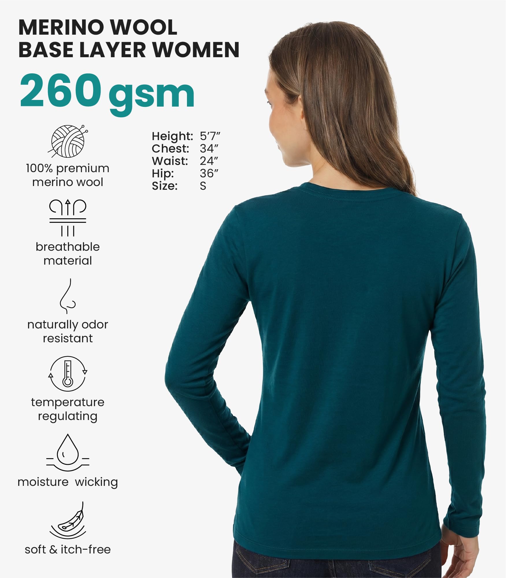 Merino.tech Сamisetas Mujer Manga Larga - 100% Lana Merino Ropa Termica (Large, 190 Deep Teal Scoop)