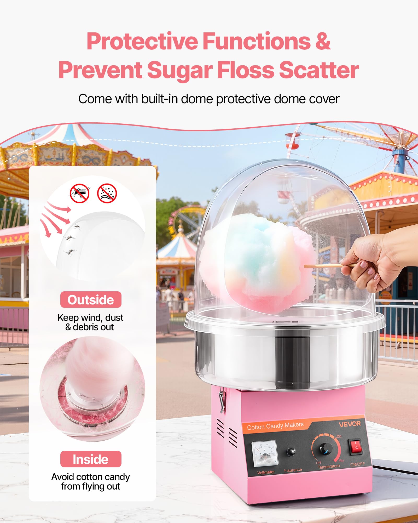 VEVOR Machine à Barbe à Papa Électrique de 1000 W, Appareil à Barbe à Papa avec Couvercle Transparent, Bol en Inox et Cuillère à Sucre, pour Faire des Bonbons Fêtes Anniversaires Maison, Rose