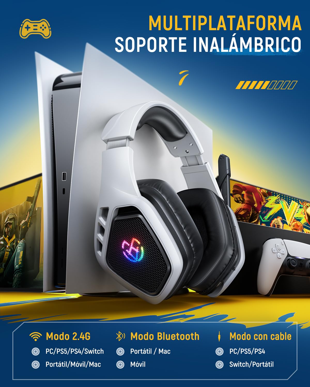 Tatybo Cascos Gaming Inalámbricos 7.1 para Ps5/Ps4/PC, Auriculares Bluetooth con Micrófono con Cancelación de Ruido, 2.4GHz USB-C, 40H+ Batería para Switch/Mac/Portátil