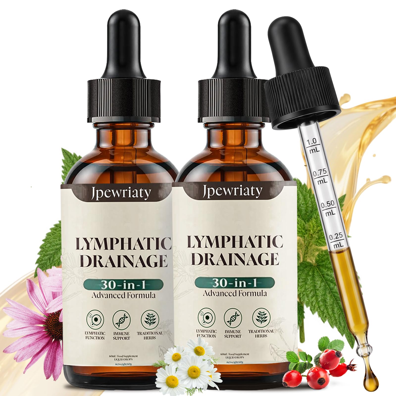 Leichtkraut Lymphdrainage Tropfen 30‑in‑1, trägt zur normalen Lymphfunktion bei, unterstützt das Immunsystem und die Körperreinigung, pflanzliches Supplement mit Reishi und Löwenzahn 2er‑Pack