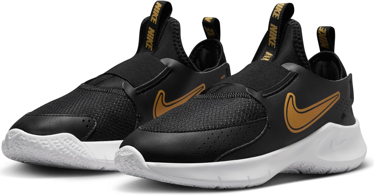Nike Flex Runner 3 Big Kids' Road Running Shoes (FN1294-006, Black/White/Metallic Gold) Size 5.5