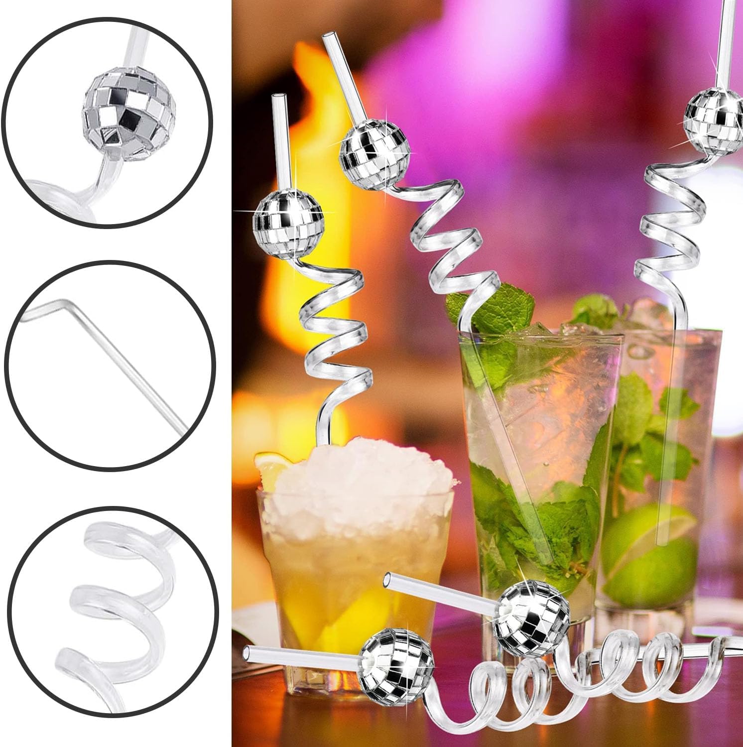 Disco-bal-drinkrietjes, Mini spiegelbal-strohalmen, herbruikbaar, cocktailrietjes, voor verjaardagsfeestje, feest en barvakantie, zilver, 12 stuks