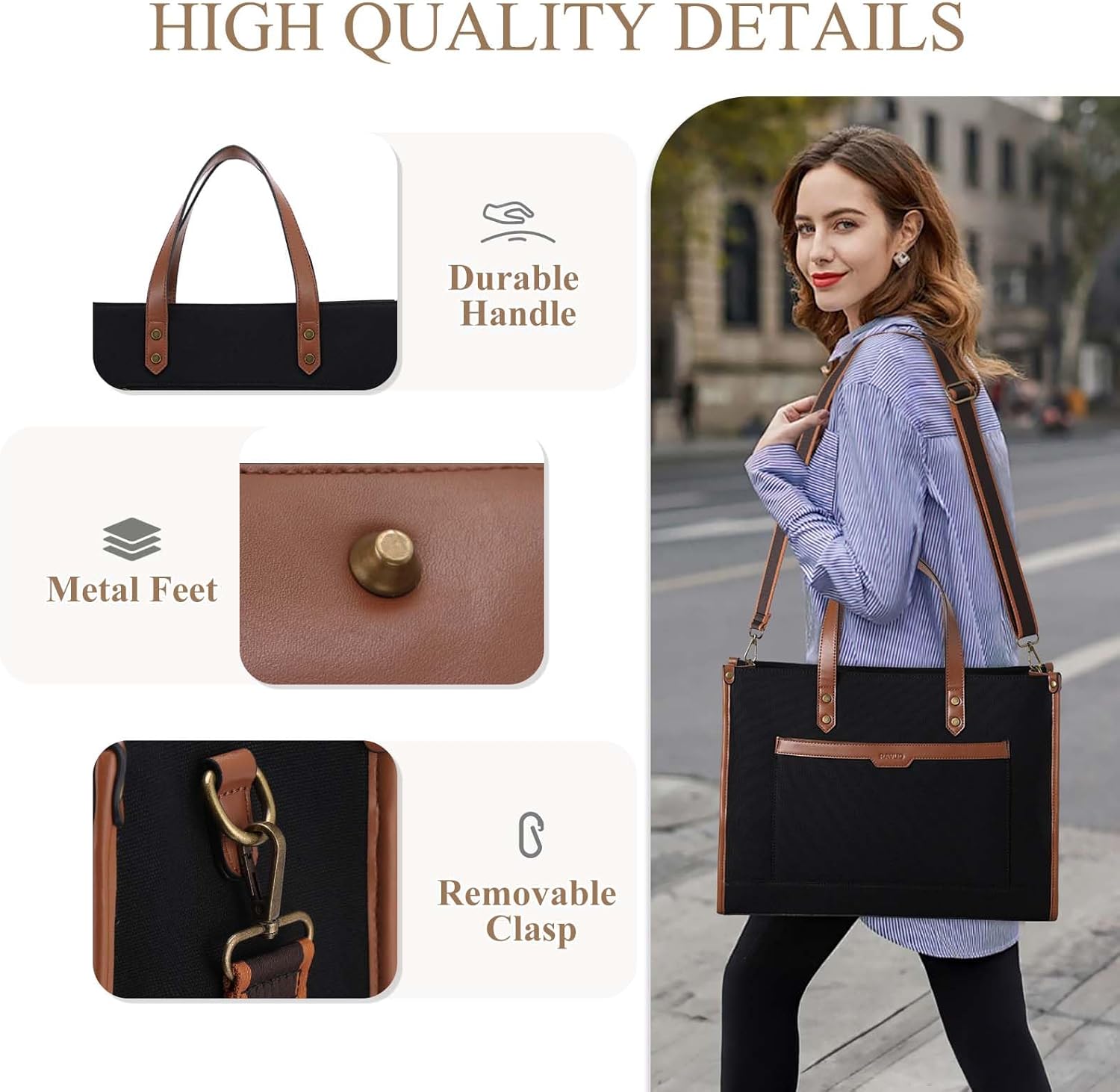 RAVUO Laptop Tote Bag for Women, Water Resistant 15.6 Inch Large Canvas Handbag with Wallet Purse for Business Work Travel
