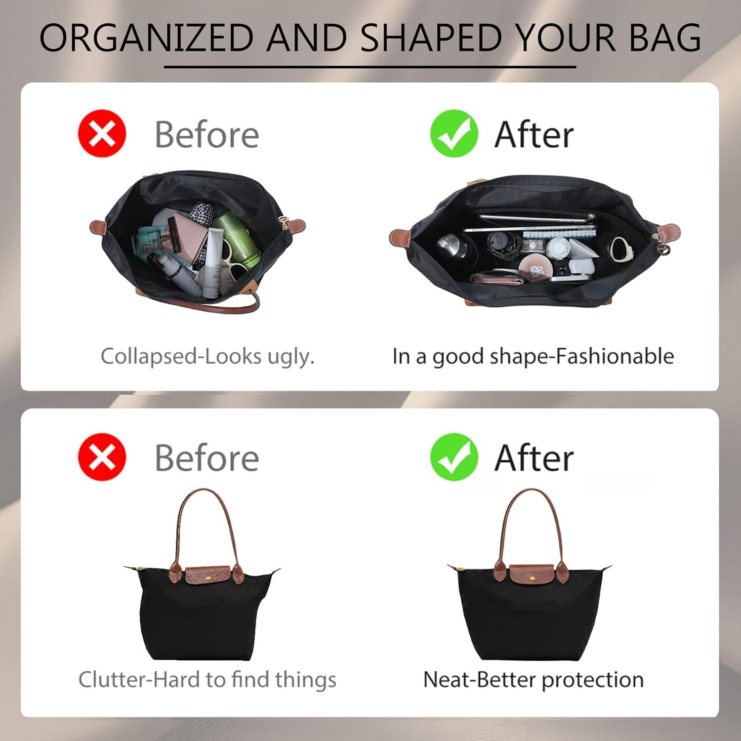 Doxo Nylon Purse Organizer Insert for Longchamp Le Pliage Tote Handbag, Medium Long champ Organizer with 8 Compartments & Zipper Pocket & Bottle Holder, Lightweight Water-Resistant Bag insert(M,Black)