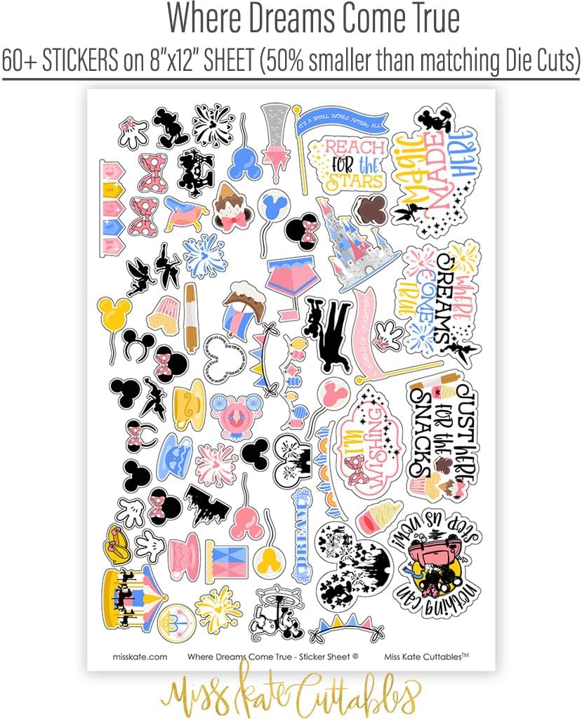 Paper & Sticker Kit - Where Dreams Come True - for Disneyland Disney - 20 Double-Sided 12x12 Patterned Papers & Sticker Sheet - Scrapbooking Scrapbook Card Making Crafting - by Miss Kate Cuttables