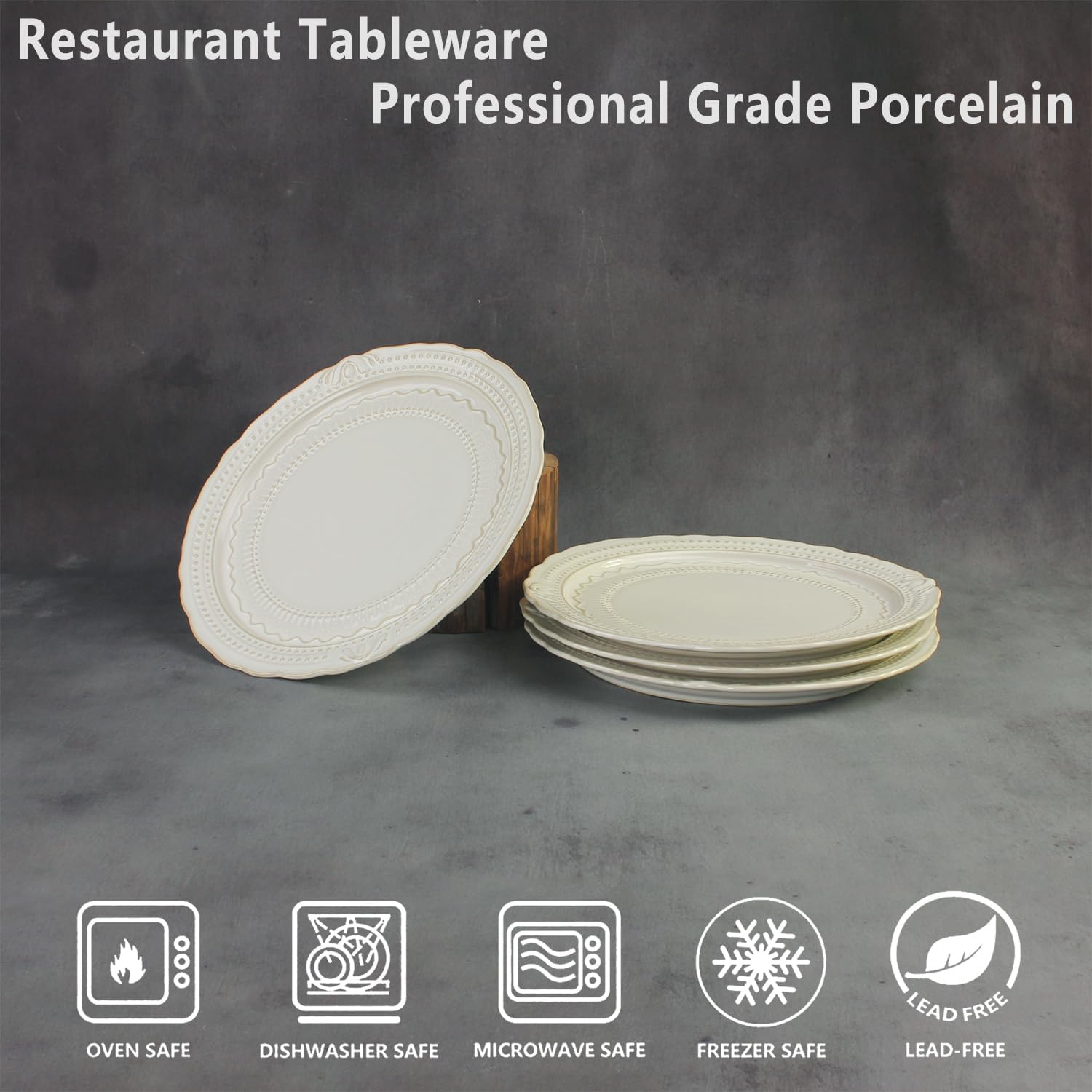 Ceramic dinner plate set (4 pieces), ceramic dinner plates, embossed salad plates, Kitchen Porcelain Serving Dishes, microwave/oven/dishwasher safe, scratch-resistant.