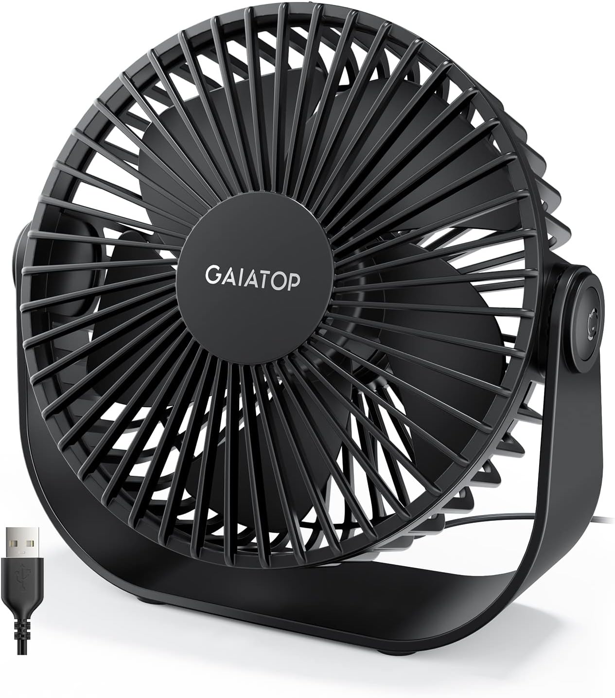 Gaiatop USB Portable Desk Fan, 3 Speeds, Quiet, Small Personal Cooling Table Fan with Strong Airflow For Bedroom Home Office Desktop Travel, 90° Rotate, Black, 5.5 inches