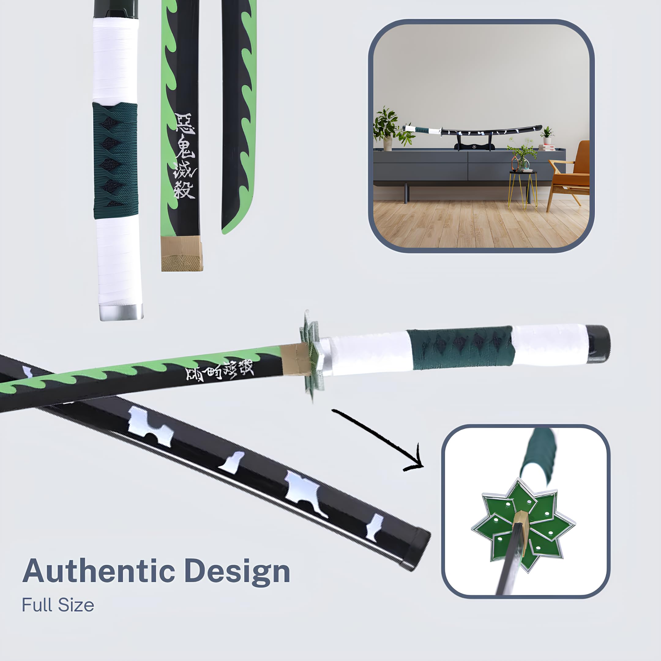 Katana Demon - Vera Manga Sciabola + Porta Spada di Legno + Cintura - Catana Giapponese Decorazione Cosplay Giocattolo per Bambini Adulti Gioco Costumi