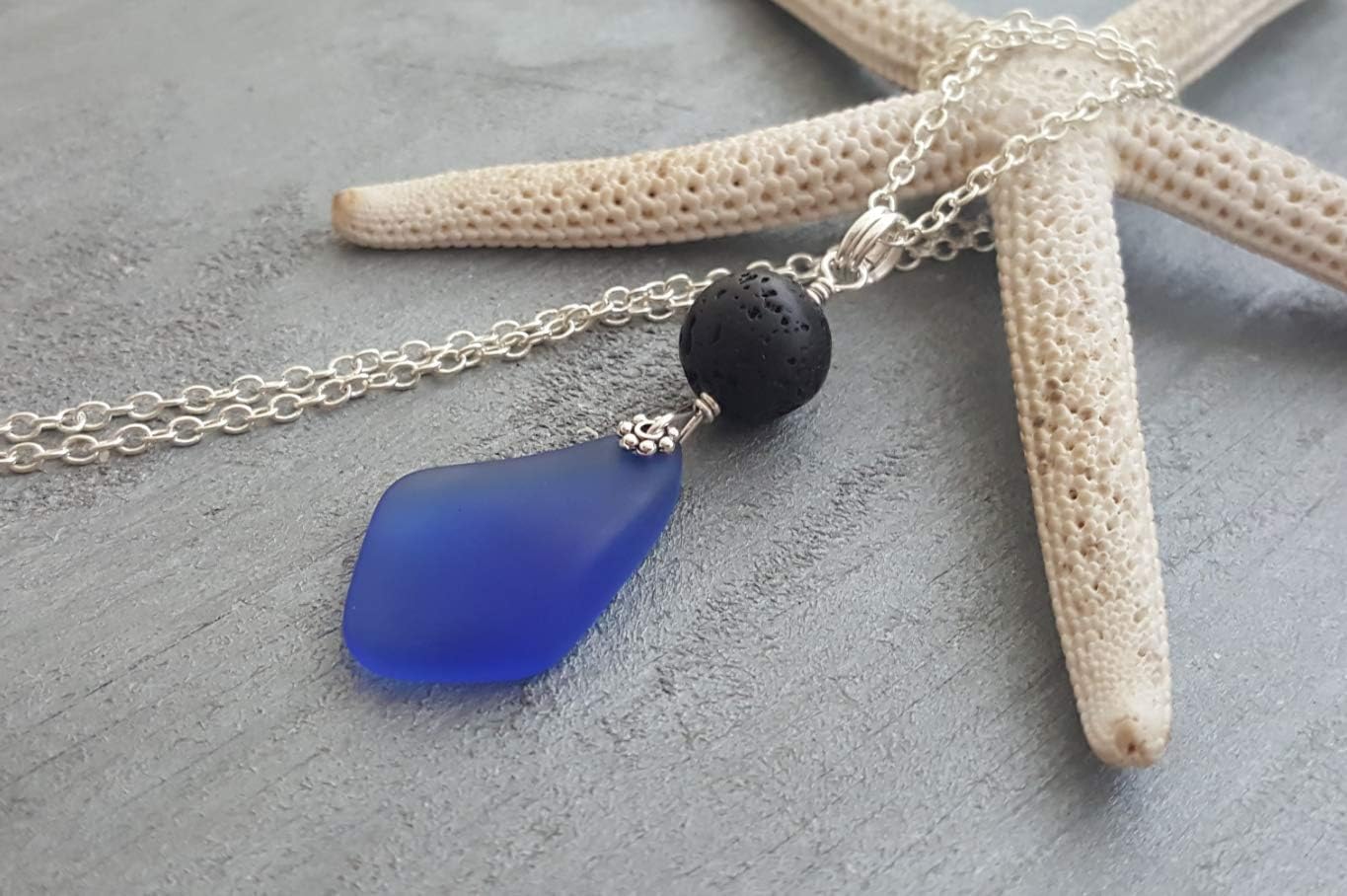yinahawaii Hawaii Volcanic Eruption with Lava and Sea jewelry, get a Fire and sea lava stone + Cobalt Blue sea glass,September Birthstone