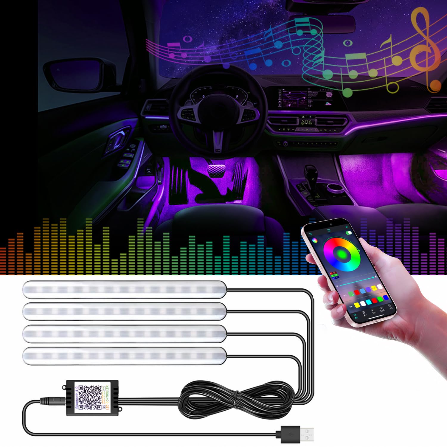 GZ5CG Car Footwell Lights RGB Interior Ambient Lighting Underdash Footwell Lights with APP Control & Music Sync, 16 Million Colors DIY Mode, USB 5V