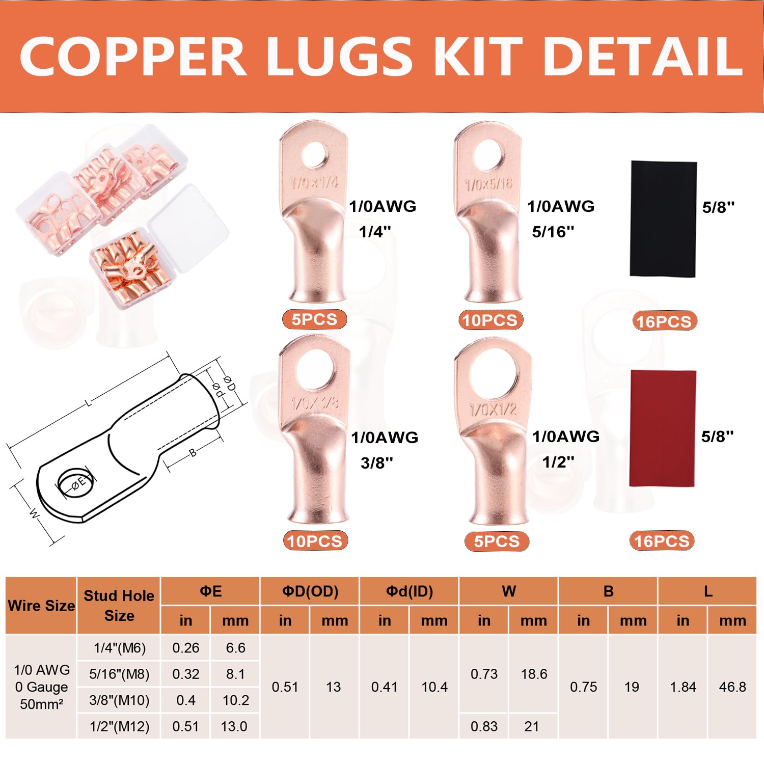 1/0 AWG Pure Copper Ring Terminal Kit (62 Pcs) - 30 Battery Lugs (1/4", 5/16", 3/8", 1/2") with 32 Heat Shrink Tubes for 0 Gauge Wire in Automotive, Solar, Inverter, Marine, RV Applications