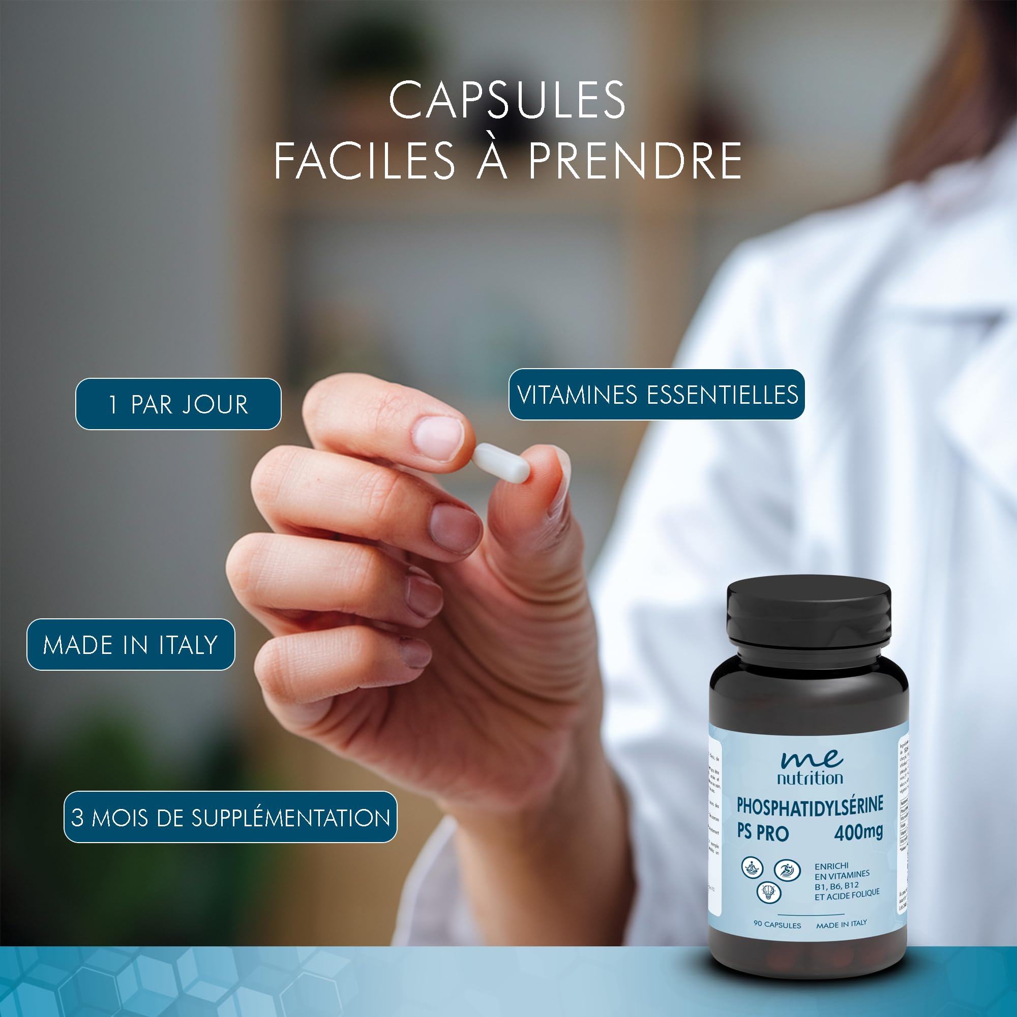 Phosphatidylsérine pure 400 mg combat le cortisol, 90 capsules améliore la mémoire et la concentration, réduit le stress supplément nootropique avec des vitamines B1 B6 B12 Acide folique Me Myeasy