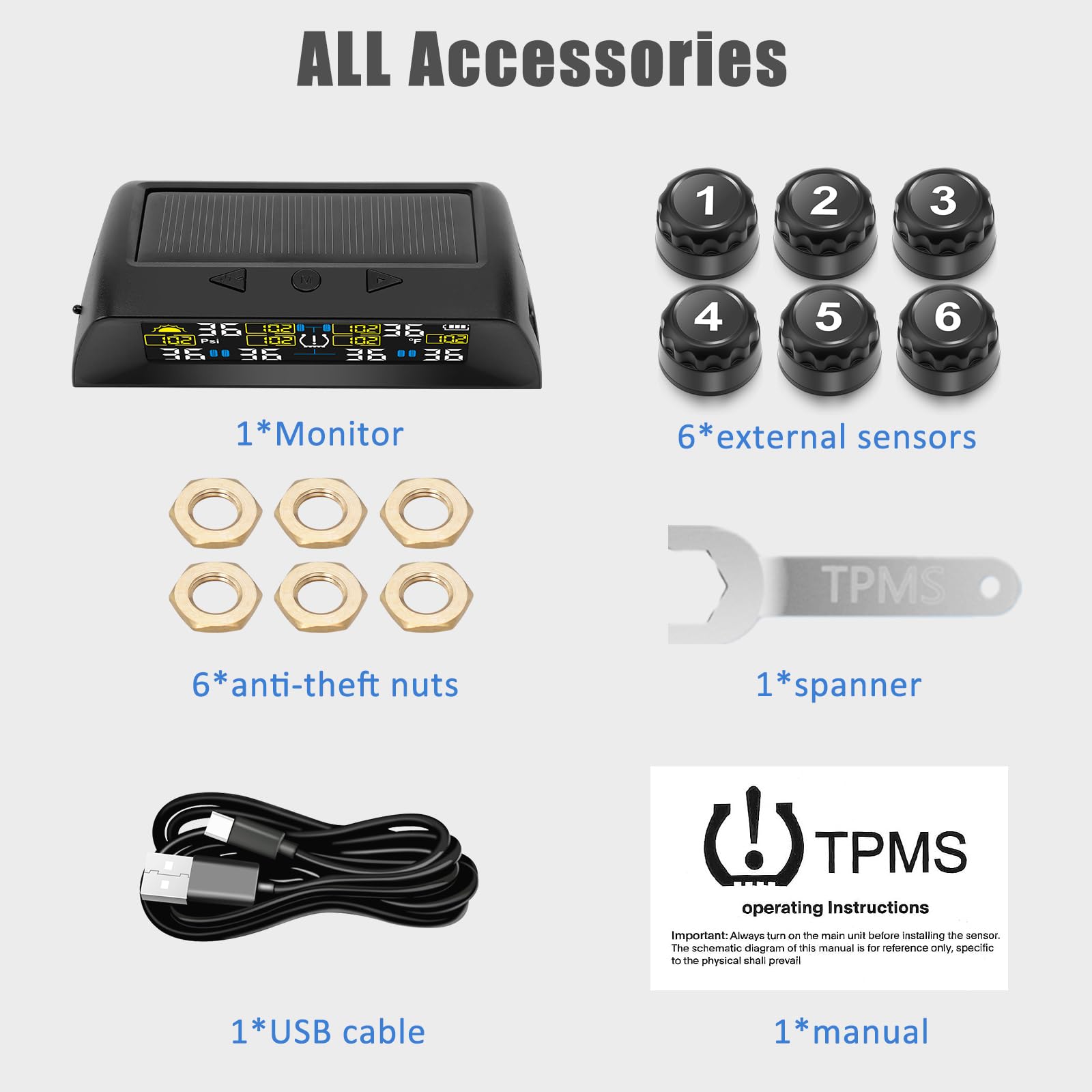 TPMS system monitorowania ciśnienia w oponach do samochodów ciężarowych, przyczep kempingowych, autokarów, kamperów, 6 czujników kół, z 5 trybami alarmu, ładowanie słoneczne/USB (ulepszona