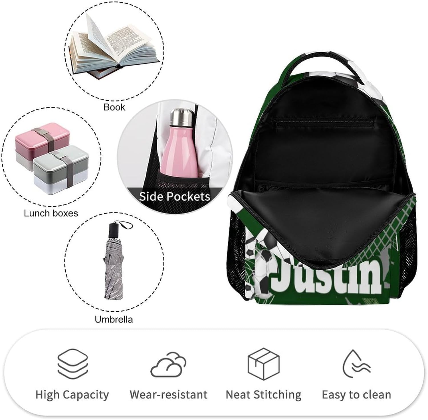 Custom Name Green Soccer Pattern Daypack Kids Schoolbag for Toddler Boys, High School College Teens Backpack - Image 4